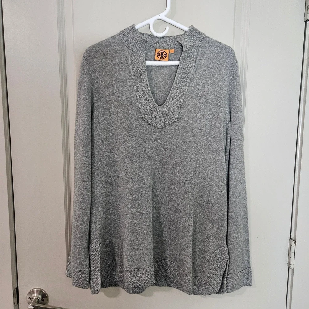 Tory Burch Womens Gray 100% Cashmere Split V-Neck Tunic Sweater Size L